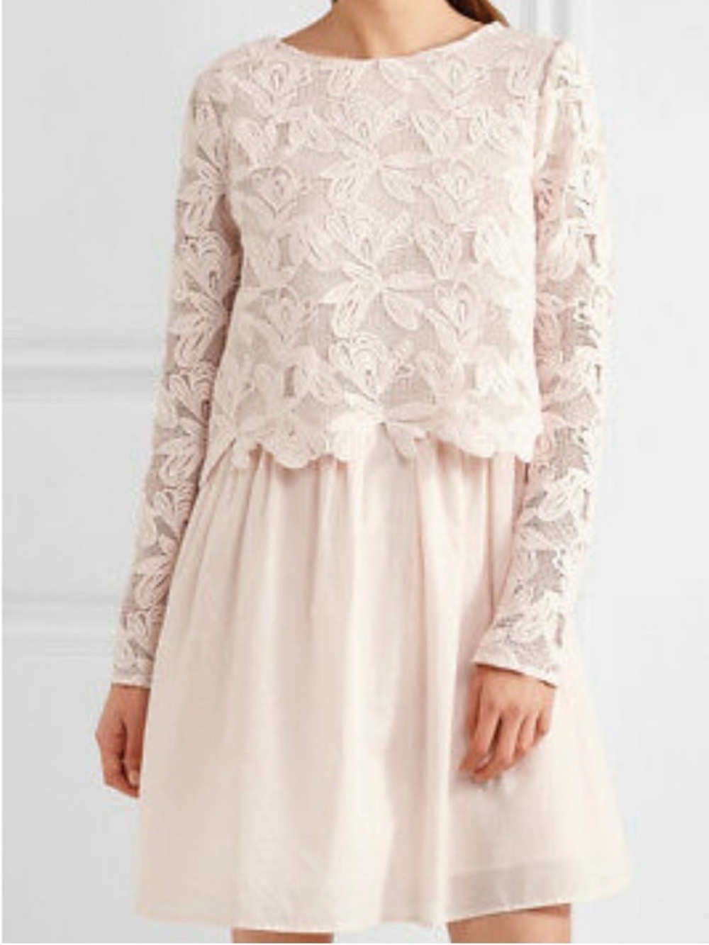 See By Chloe Guipure Lace Cotton Layered Mini Dress 12 Blush Feminine Garden